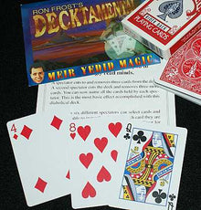 Playing cards with visible suits and numbers, including a deck titled 'Decktamentary' by Ron Frost.