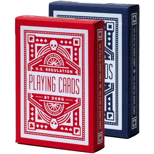 Red and blue playing card boxes with decorative patterns and text.