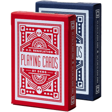 Red and blue playing card boxes with decorative patterns and text.