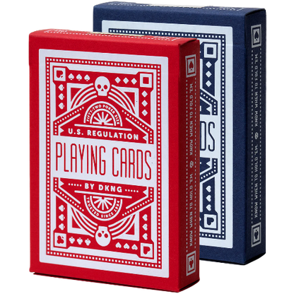 Red and blue playing card boxes with decorative patterns and text.