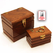 Two wooden boxes with brass locks on a white background, featuring an upgraded lock bonus icon.