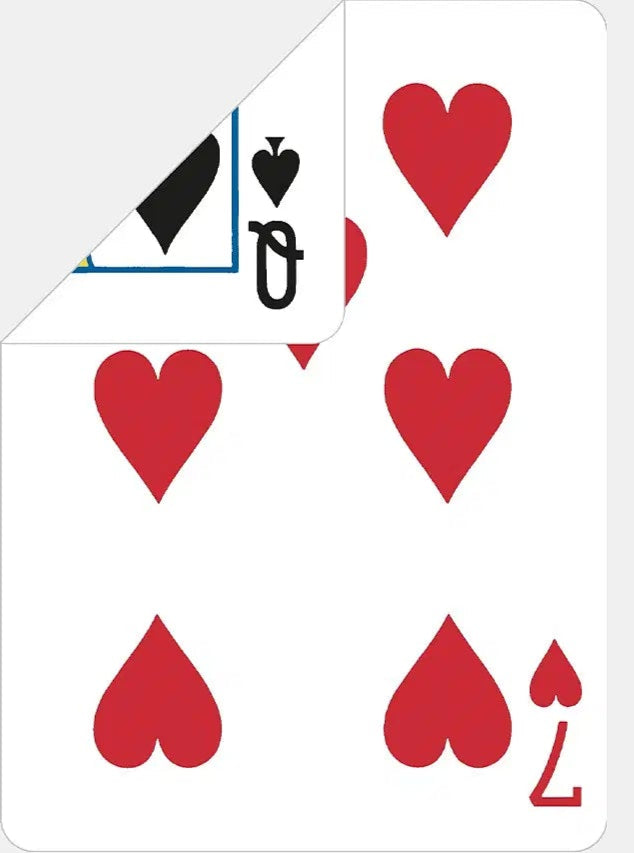 Playing card with four red hearts and a black number '7' on a white background
