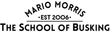 Logo of Mario Morris The School of Busking with a black and white design.