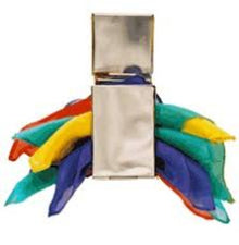 Silver container with colorful silks on a white background