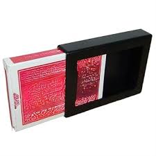 Red playing cards with a black box on a white background