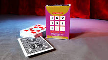 Playing cards with a pink box labeled 'INVS' on a red and gray background