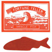 Red and white label for 'Fortune Teller Miracle Fish' with a fish illustration.