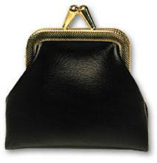 Black leather purse with gold frame on a white background