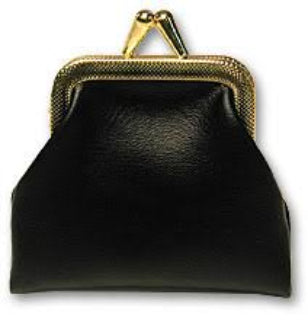 Black leather purse with gold frame on a white background