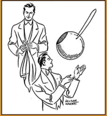 Illustration of a man performing a magic trick with a handkerchief and ball on an orange background.