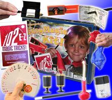 Collage of a magic kit with various magic tricks and a child's face on packaging.