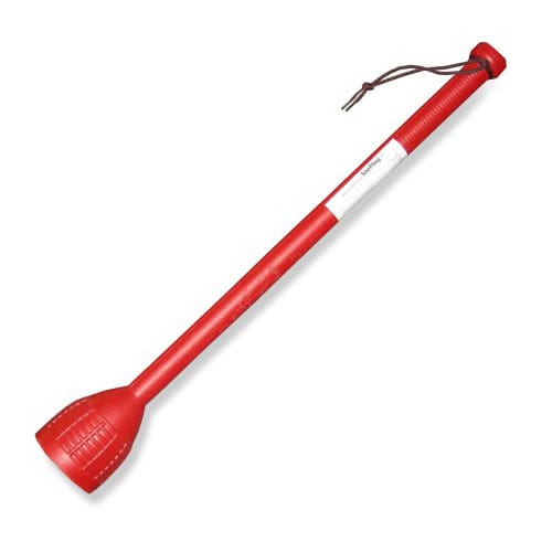 Red leather whip with a white handle on a white background