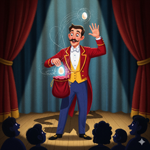 Magician on stage performing a magic trick with audience watching