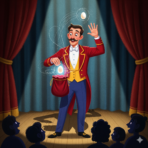 Magician on stage performing a magic trick with audience watching