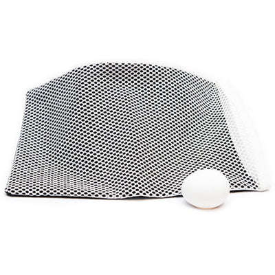 Black and white checkered cloth with a white ball on a white background
