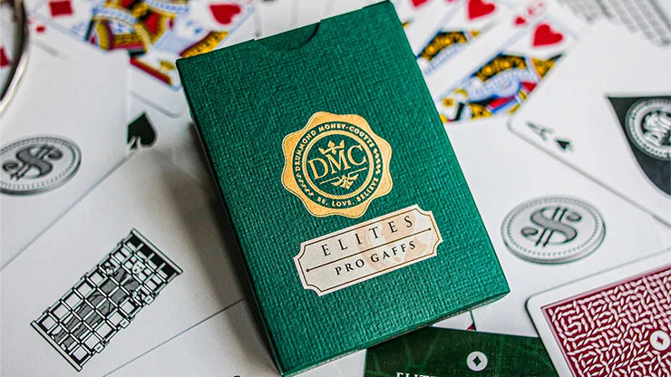 Green deck of cards with gold logo on a background of playing cards