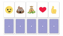 Set of playing cards with emoji symbols on top and blue checkered backs.