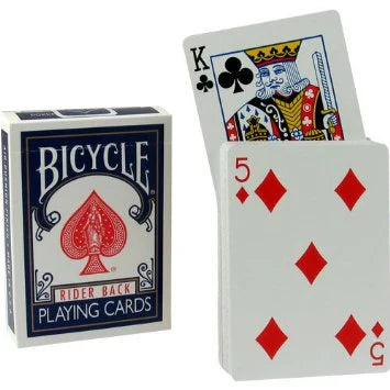 Bicycle playing cards with a King of Clubs card and a 5 of Diamonds card displayed.