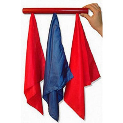 Red and blue towels hanging on a red rod held by a hand against a white background