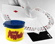 Playing cards with a container labeled 'Fanning Powder' on a white background