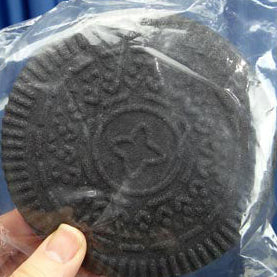 Black Oreo cookie held in a clear plastic bag against a blue curtain background