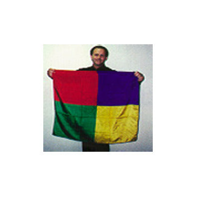 Person holding a flag with red, green, yellow, and purple squares on a white background