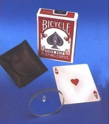 Bicycle playing cards with a black case and an Ace of Hearts card on a blue background