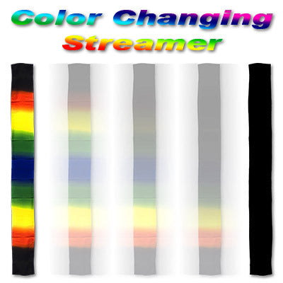 Color-changing streamer with rainbow and black patterns on a white background
