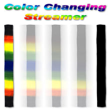 Color-changing streamer with rainbow and black patterns on a white background