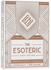 Card game box titled 'The Esoteric Static Edition' with geometric design on a white background
