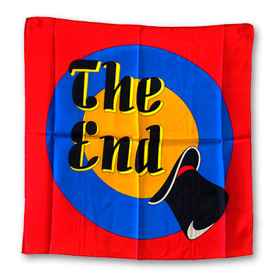Fabric with 'The End' text and a black hat on a red, blue, and yellow background