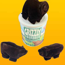 Plush bear toys with a container labeled 'Grizzly' on a yellow background