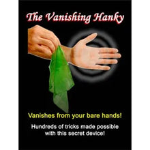 Advertisement for 'The Vanishing Hanky' with a hand holding a green hankie against a black background.