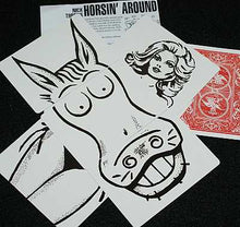 Cartoon donkey and woman design on a card with a playing card in the background