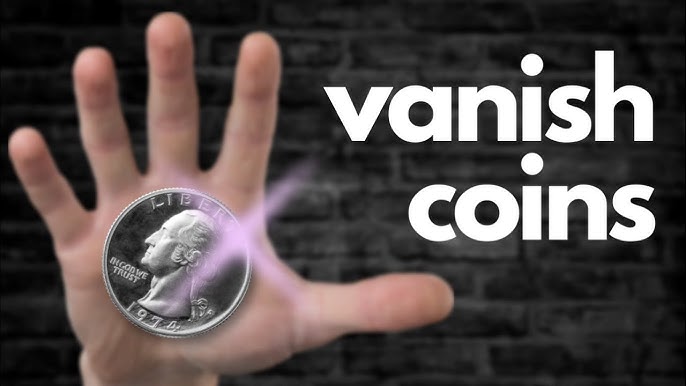Hand holding a coin with 'vanish coins' text on a dark background