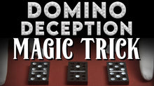 Dominoes on a red surface with text 'Domino Deception Magic Trick' on a black background