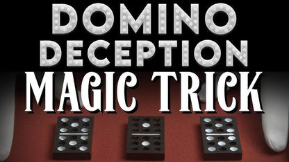 Dominoes on a red surface with text 'Domino Deception Magic Trick' on a black background