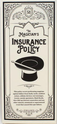 Magician's Insurance Policy card with top hat and cane illustration on a white background
