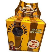 Yellow and brown box with text and graphics, featuring a person with a hat and cane.