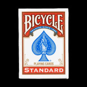 Bicycle playing card box with a blue spade suit card on a black background