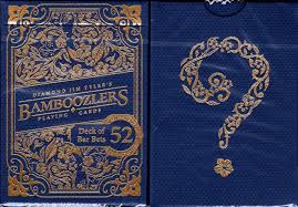 Blue and gold playing card box with decorative design