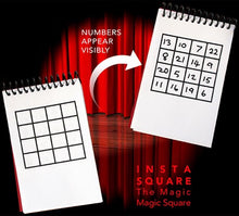 Two notebooks with magic square designs on a red curtain background, featuring text about the 'Insta Square' magic product.