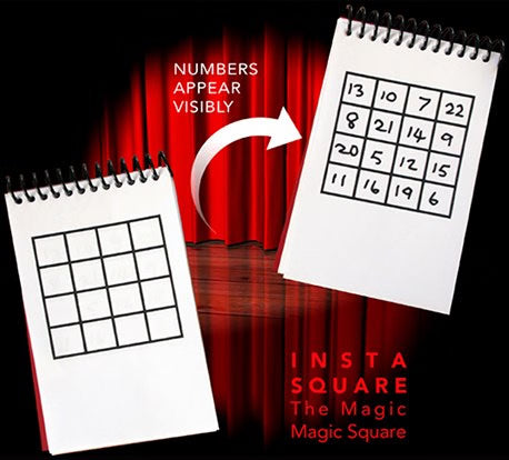 Two notebooks with magic square designs on a red curtain background, featuring text about the 'Insta Square' magic product.