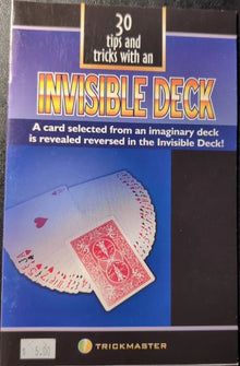 Card deck packaging with 'Invisible Deck' text and Trickmaster branding on a dark surface.