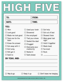 Sheet titled 'High Five' with checkboxes and text on a teal background