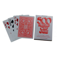 Set of playing cards with a red and white design, including a card and packaging on a white background.