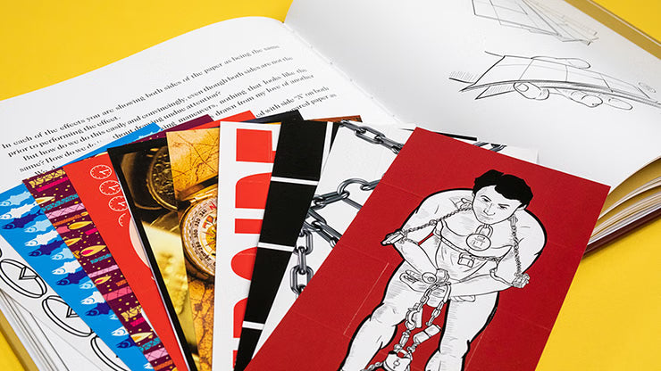 Open book with colorful illustrations and a red card featuring a character on a yellow background