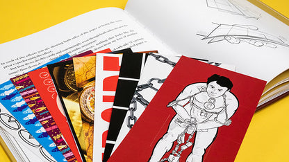 Open book with colorful illustrations and a red card featuring a character on a yellow background