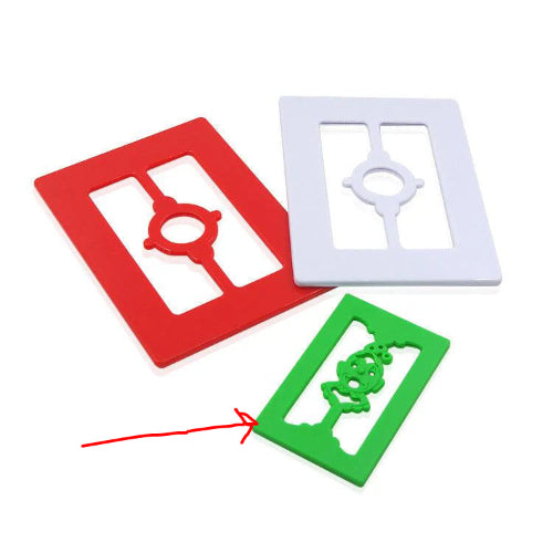 Three colorful stencils (red, white, green) on a white background
