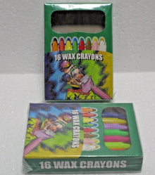 Two packages of 16 wax crayons on a gray background